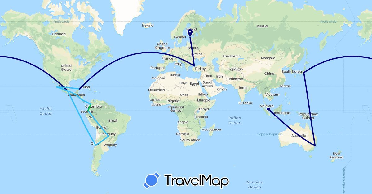 TravelMap itinerary: driving, bus, boat in Australia, Chile, Colombia, Costa Rica, Ecuador, Estonia, Guatemala, Japan, Mexico, Paraguay, Singapore, Turkey (Asia, Europe, North America, Oceania, South America)